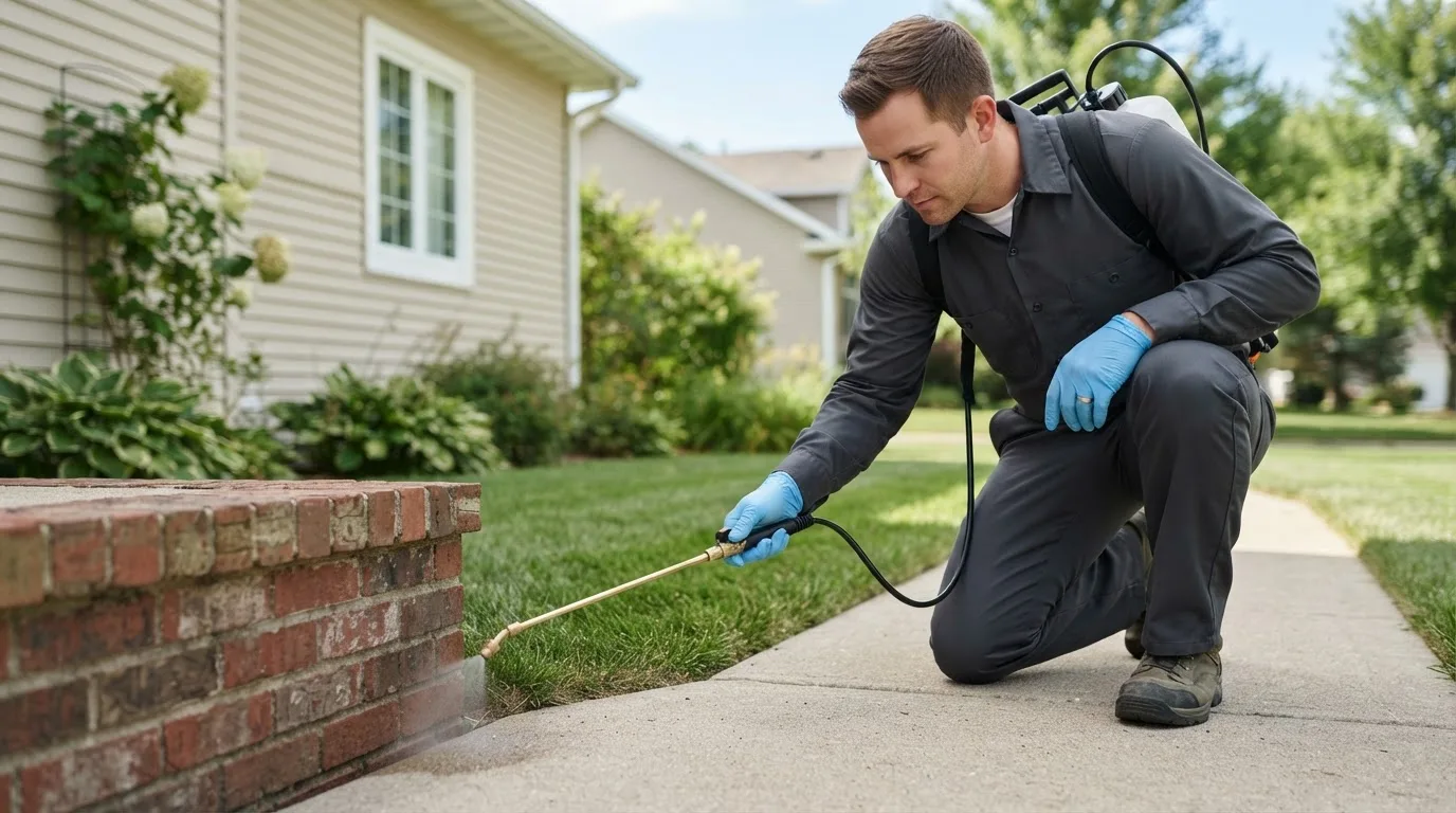 Pest control technician treating a home near Smithville, MO