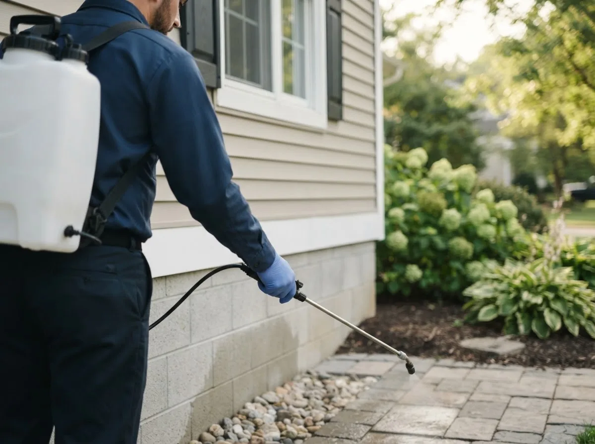 Pest control technician inspecting a home in Smithville, MO